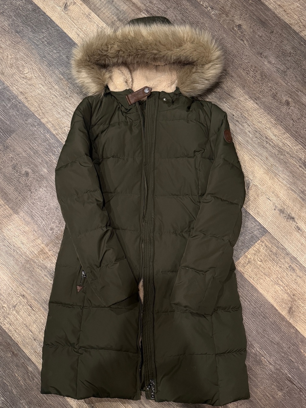 Ralph Lauren Olive Green Long Puffer Coat with Faux Fur Trim